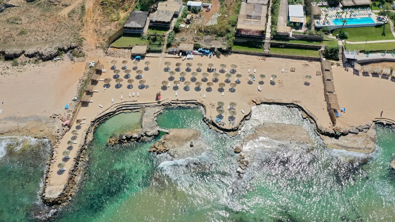 Drone shot of Side B and Lazy B beach clubs from above